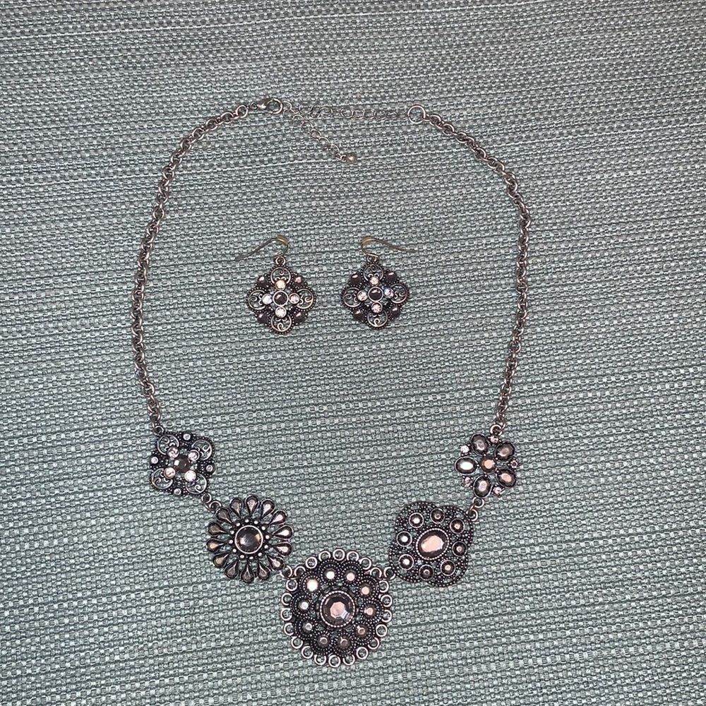 Rhinestone and Silver Necklace and Earring Set